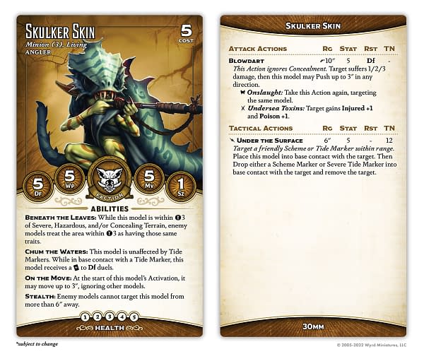 The pending stat card for the Skulker Skin, a Bayou model for Malifaux Third Edition, a tabletop skirmish game by Wyrd Games.