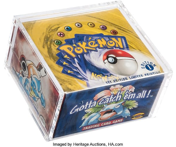 An angled shot of the box of first edition Base Set from the Pokémon TCG, on auction at Heritage Auctions right now!