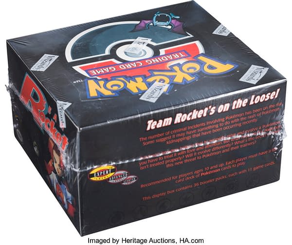 A top view of the shrink-wrapped, 1st Edition Team Rocket booster box from the Pokémon TCG.