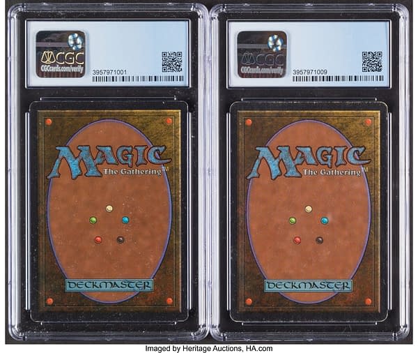 The back faces of the pair of graded copies of Mishra's Factory (Spring and Fall, respectively), from Antiquities, an older expansion set from Magic: The Gathering. Currently available at auction on Heritage Auctions' website.
