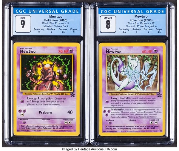 The front of the pair of Mewtwo Pokémon TCG cards currently being auctioned at Heritage Auctions' website.
