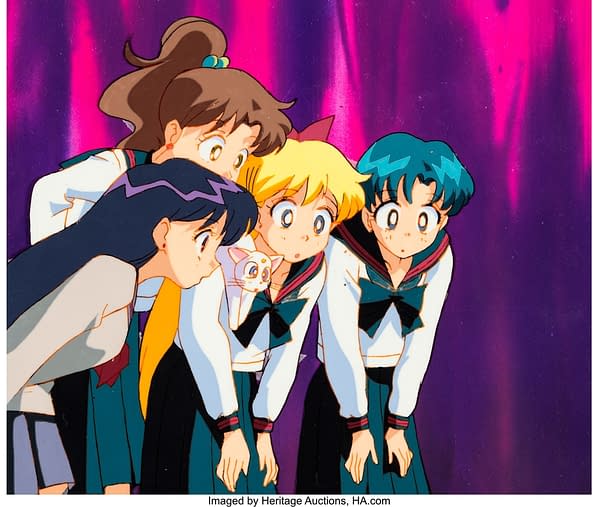 Sailor Moon Sailor Mars, Sailor Jupiter Sailor Venus, Sailor Mercury and Artemis Production Cel with Custom Painted Background. Credit: Heritage
