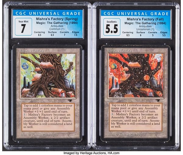The front faces of the pair of graded copies of Mishra's Factory (Spring and Fall, respectively), from Antiquities, an older expansion set from Magic: The Gathering. Currently available at auction on Heritage Auctions' website.