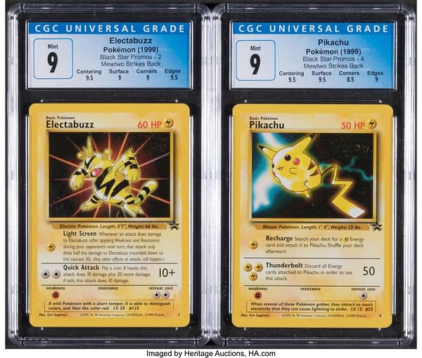 The front faces of the Black Star promo copies of Electabuzz (left) and Pikachu (right) from Pokémon: The First Movie, made for use with the Pokémon TCG. Currently available at auction on Heritage Auctions' website.