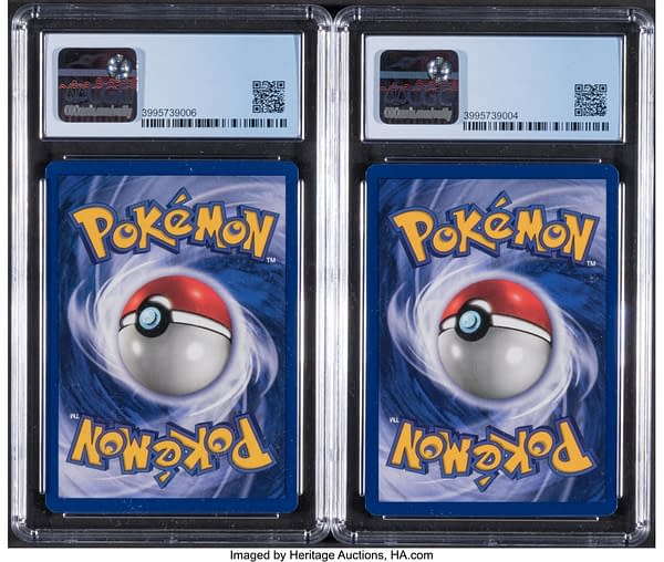 The back faces of the Black Star promo copies of Electabuzz (left) and Pikachu (right) from Pokémon: The First Movie, made for use with the Pokémon TCG. Currently available at auction on Heritage Auctions' website.