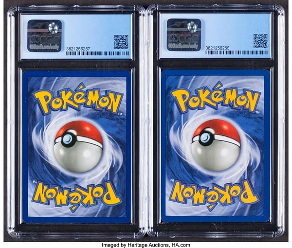 The rear faces of the pair of Mewtwo Pokémon TCG cards currently being auctioned at Heritage Auctions' website.