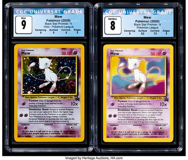 Two different Black Star Promo copies of Mew from the Pokémon TCG - one regular, another holofoil - currently being auctioned off at Heritage Auctions.