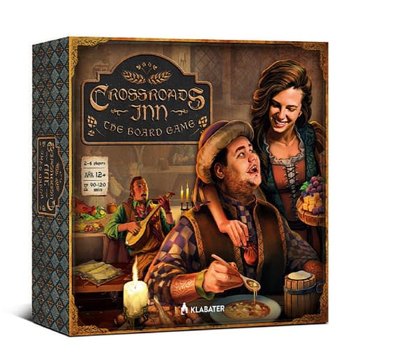 The front of the proposed box cover of Crossroads Inn, the tabletop board game adaptation of the video game of the same name by Polish game designer Klabater.