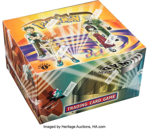 An angled photograph of the sealed 1st Edition booster box of Gym Heroes, a classic set from the Pokémon TCG. This box is being auctioned at Heritage Auctions right now.