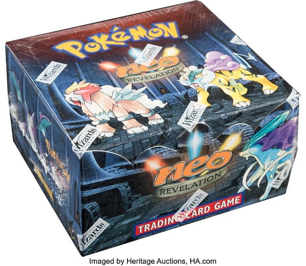An angled photograph showing the sealed, 1st Edition booster box of Neo Revelation from the Pokémon TCG. Available at auction on Heritage Auctions' website.