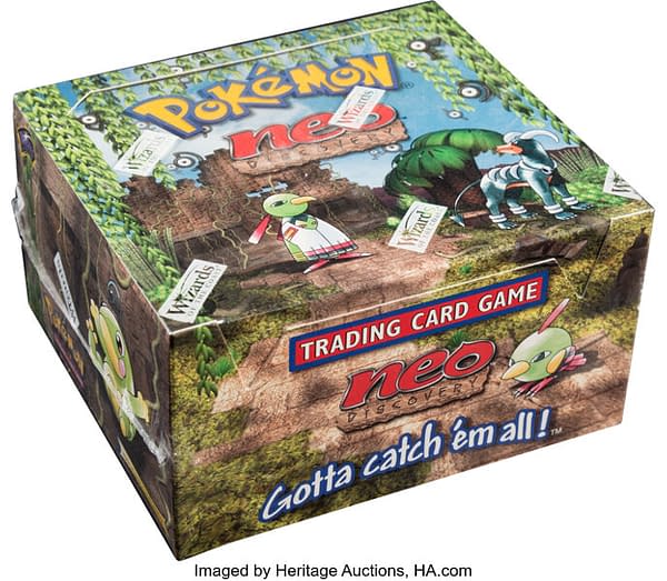 An angled photograph showing the sealed, 1st Edition booster box of Neo Discovery from the Pokémon TCG. Available at auction on Heritage Auctions' website.