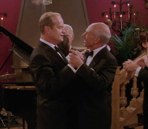 Kelsey Grammer as Frasier Crane and Patrick Stewart as Alistair Burke in Fraiser. Image courtesy of ViacomCBS