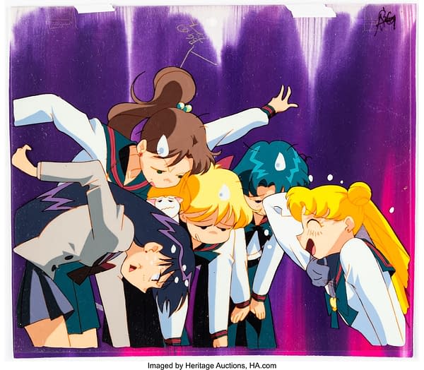 Sailor Mars, Sailor Jupiter, Sailor Venus, Sailor Mercury, Sailor Moon, Luna, and Artemis Production Cel with Custom Painted Background. Credit: Heritage