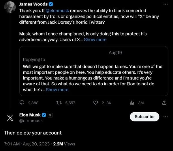 James Woods Barking Up Elon Musk's Tree; "Delete Your Account": Musk