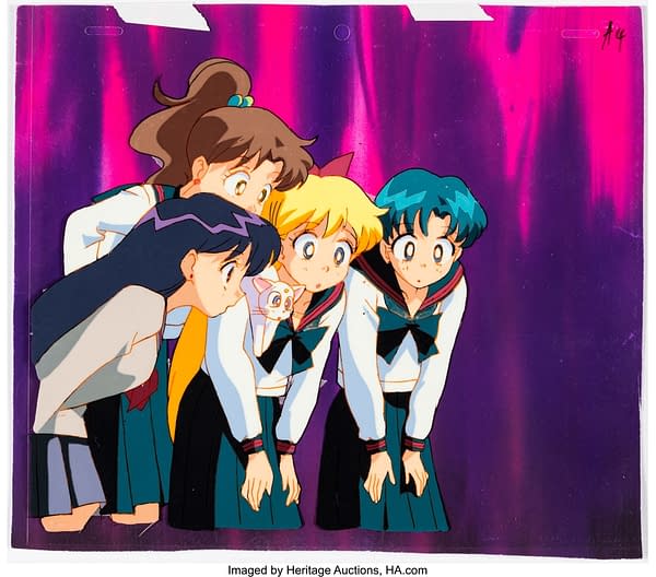 Sailor Moon Sailor Mars, Sailor Jupiter Sailor Venus, Sailor Mercury and Artemis Production Cel with Custom Painted Background. Credit: Heritage