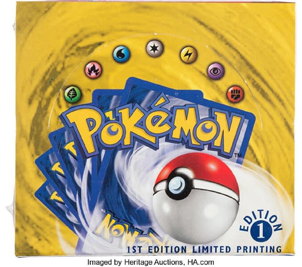 The lid of the first edition Pokémon Trading Card Game Base Set booster box sold by Heritage Auctions for an astounding $360,000.