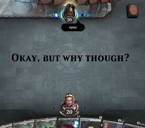 An example of a player on Magic: The Gathering: Arena using the "Hello!" emote. (screencap credit: Josh Nelson)