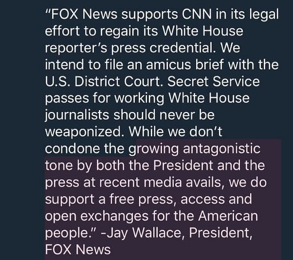 Fox News, More Support CNN in Trump/Acosta Lawsuit; White House Submits Brief (UPDATE)