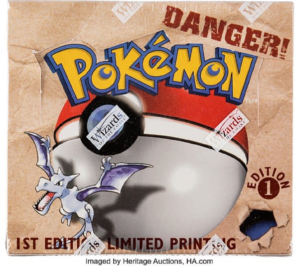 The front lid of the 1st Edition Fossil booster box from the Pokémon TCG, currently available at auction on Heritage Auctions' website.
