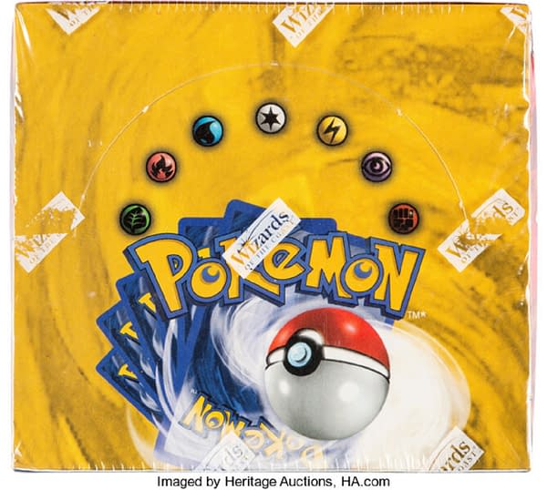 The front lid of the Unlimited booster box of Base Set from the Pokémon TCG, currently available at auction on Heritage Auctions' website.