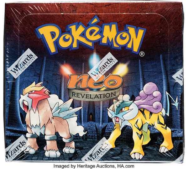 The front lid of the sealed, 1st Edition booster box of Neo Revelation from the Pokémon TCG. This booster box is currently being auctioned over at Heritage Auctions.