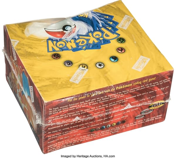 An angular rear view of the booster box of Unlimited Base Set Pokémon TCG cards. Currently up for auction on Heritage Auctions' website.