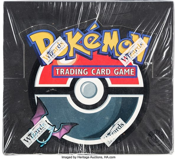 The top of the sealed 1st Edition Rocket booster box from the Pokémon TCG. Currently available at auction on Heritage Auctions' website.