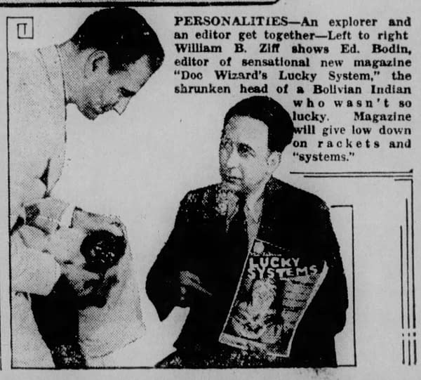 William B. Ziff and Ed Bodin, promotional photo for Doc Wizard's Lucky System, 1934.