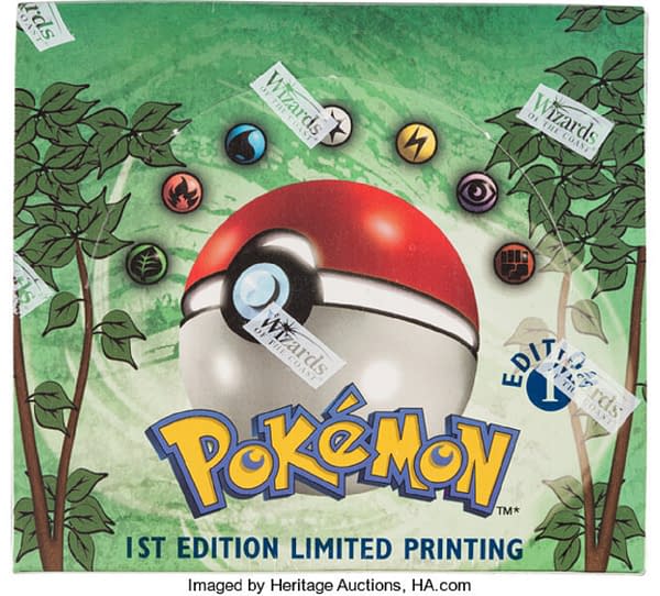 A top view of the 1st Edition Jungle booster box from the Pokémon TCG, up for auction at Heritage Auctions now!