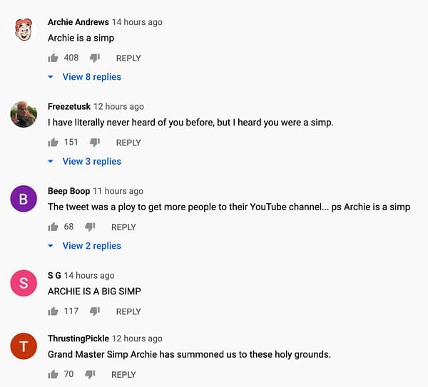 "Archie is a simp" has become a widely held opinion. Credit: Archie Comics' YouTube comments.