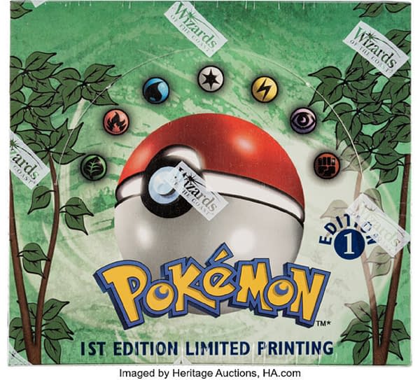 The front lid of the 1st Edition booster Jungle box from the Pokémon TCG, currently available at auction on Heritage Auctions' website.