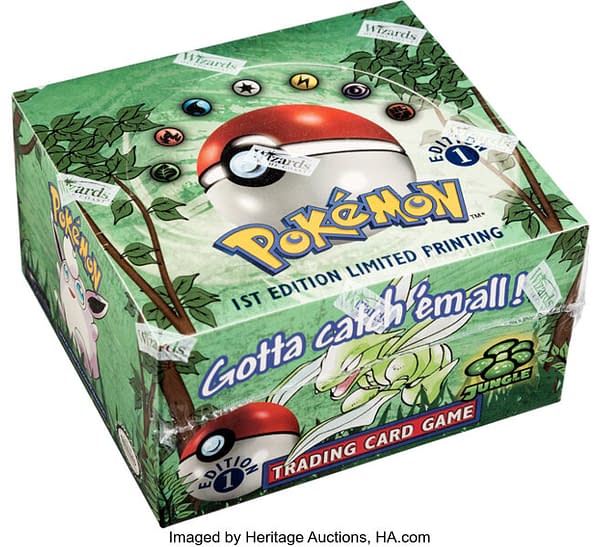 An angled photograph of the 1st Edition Jungle booster box from the Pokémon TCG. This box is currently available for auction over at Heritage Auctions.