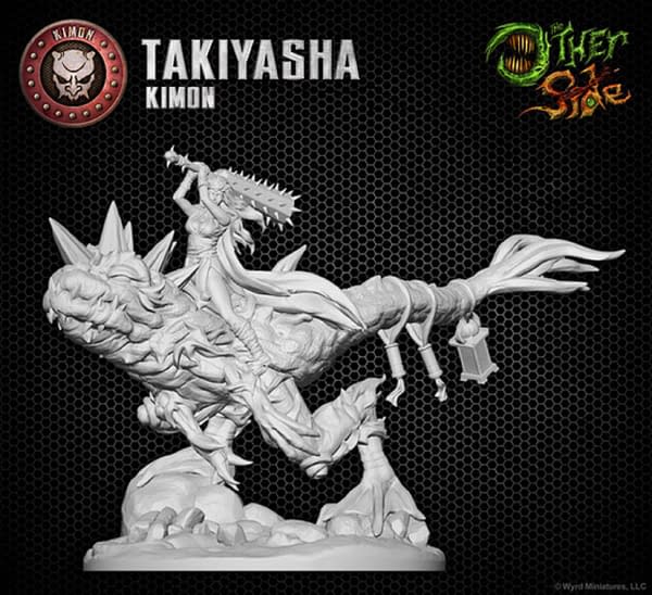The 3D render for Takiyasha, the Kimon commander model from The Other Side, Wyrd Games' large-scale wargame.