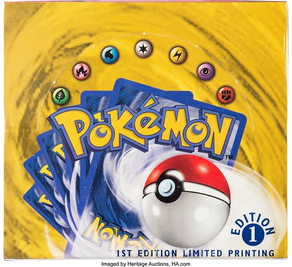 The top of the sealed booster box of 1st Edition Base Set from the Pokémon TCG. Currently available on auction at Heritage Auctions' website.