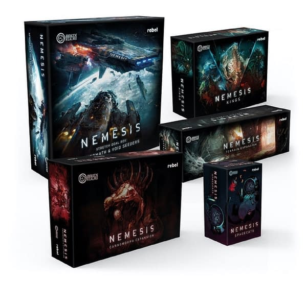 The front of the boxes for the various Nemesis games by Awaken Realms.