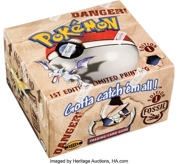 An angled photograph of the 1st Edition Fossil booster box from the Pokémon TCG. This box is currently available for auction over at Heritage Auctions.