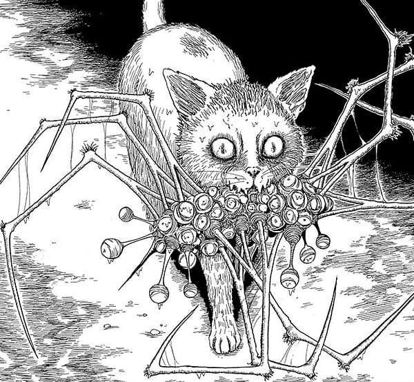 A scary cat has a mouth full of staring eyes and spider legs!