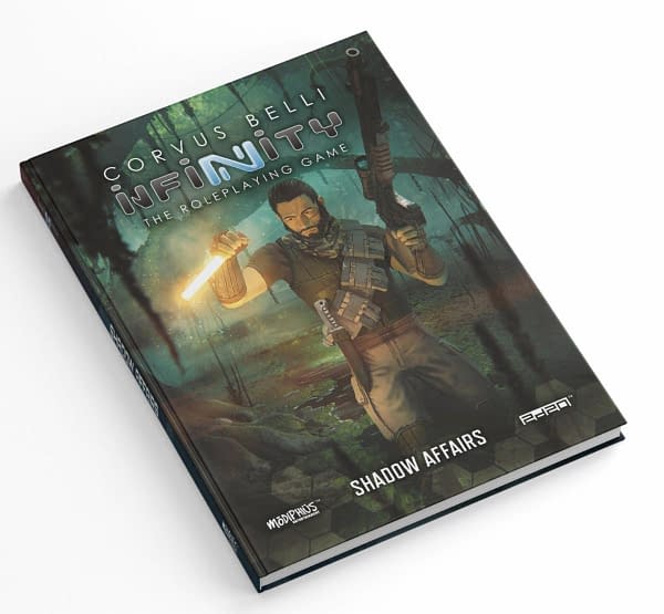 The front cover for Shadow Affairs, the campaign book for the Infinity RPG setting, launched by Modiphus Entertainment.