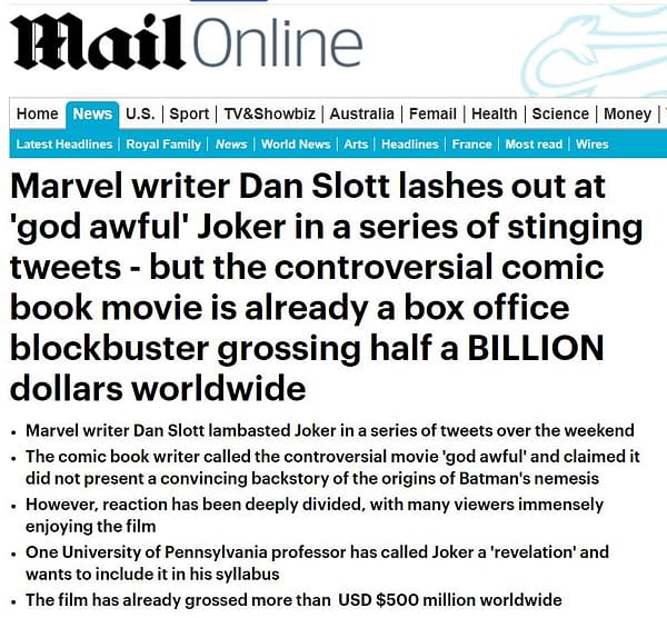 Daily Mail Runs a Story About Dan Slott's Tweets About the Joker Movie