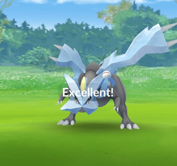 Screengrab of an "excellent" throw on a Kyurem. Credit: Theo Dwyer's Pokémon GO account.