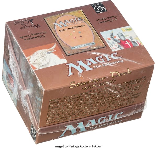 An angled shot of the display box for ten Unlimited starter decks from Magic: The Gathering. Currently available on the auction block at Heritage Auctions.