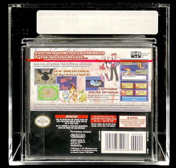 The rear side of the packaging for the four sealed copies of Pokémon Platinum for the Nintendo DS. Currently available on auction at ComicConnect's website.