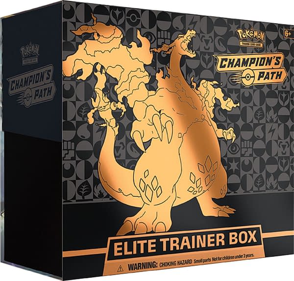 The Elite Trainer box for the Champion's Path expansion set of the Pokémon Trading Card Game. The art on the boxed set depicts Gigantamax Charizard.