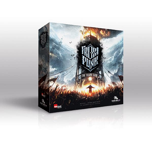 The box for Frostpunk, a board game by 11 bit studios and Glass Cannon Unplugged. Its Kickstarter campaign will be launching this fall.