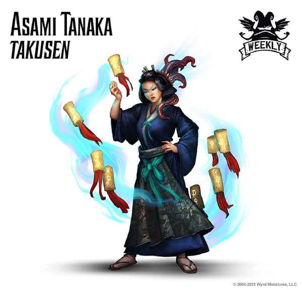 The art for Asami Tanaka, Takusen, from the Ten Thunders faction of Malifaux's third edition by Wyrd Games. This is an entirely new miniature with all-new abilities, based on its new title.