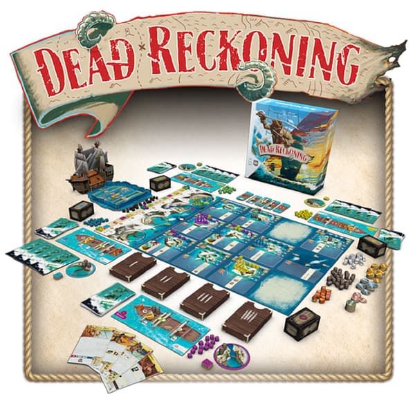 The array of components in Dead Reckoning, a new pirate-themed adventure game by Alderac Entertainment Group.