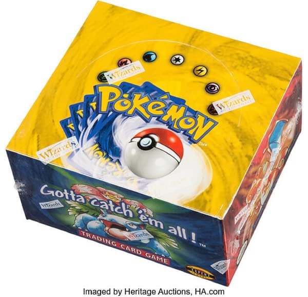 The rare Unlimited Base Set booster box from the Pokémon TCG, from which the packs will be divvied up to the respective winners of the box break auctions at Heritage Auctions.