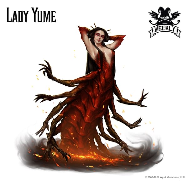 The art for Lady Yume, a new Nightmare and Oni model for the Ten Thunders faction and for The Dreamer. Image attributed to Malifaux Third Edition, by Wyrd Games.