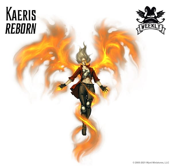 The art for Kaeris, Reborn, a new title for Anasalea Kaeris, an Arcanist Master within the objective-based skirmish wargame Malifaux, created by Wyrd Games.
