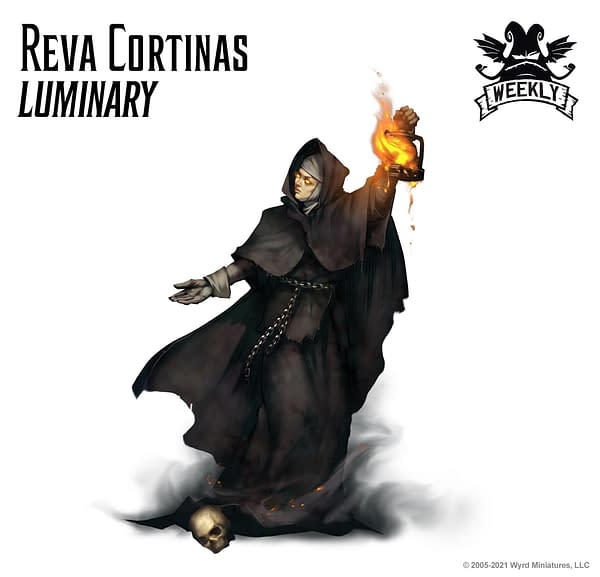 The art for Reva Cortinas, Luminary, a new title for Reva Cortinas, a Resurrectionist Master within the objective-based skirmish wargame Malifaux, created by Wyrd Games.